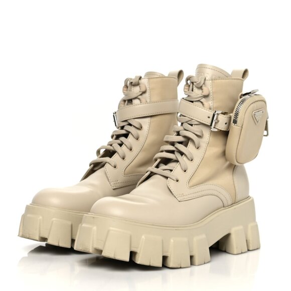 Prada Monolith Platform Combat Boots Re-nylon Leather In Deserto Pouch Pockets - Picture 2 of 12